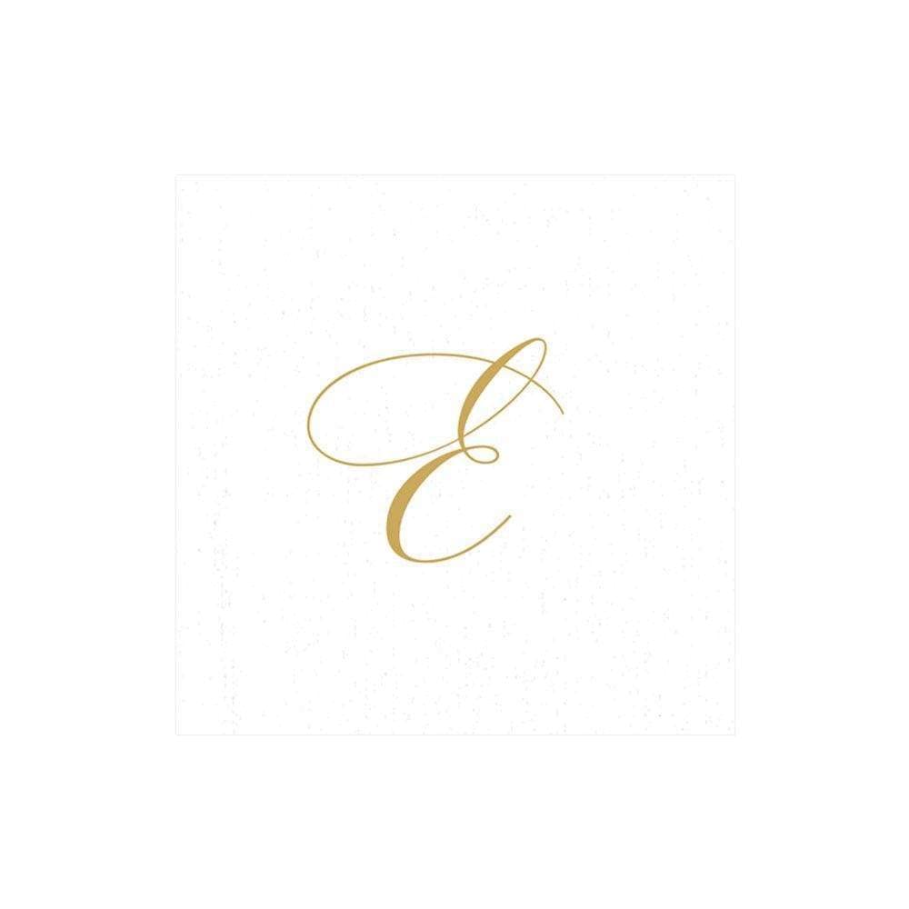 Caspari " Signature Gold Initial E Paper Linen Cocktail Napkins, White Pearl, Pack of 30 — image 1
