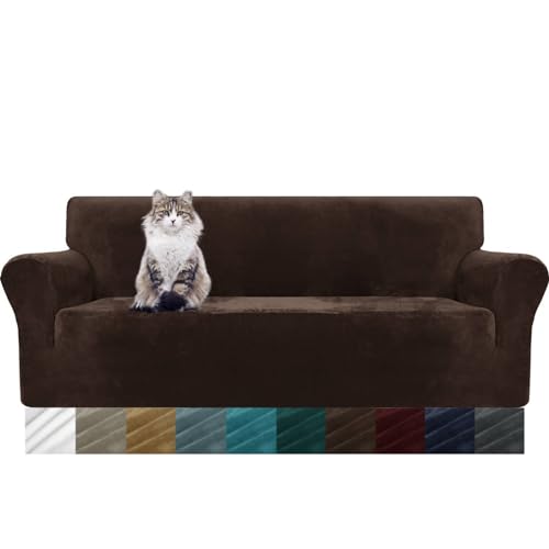 MAXIJIN Thick Velvet Sofa Cover for 3 Seater, Super Elastic Non Slip Sofa Cover, Pet Friendly 1 Piece Furniture Protector (3 Seater, Dark Coffee)