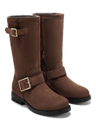 Coutgo Womens Mid Calf Combat Boots Low Heel Zipper Motorcycle Biker Boots at Amazon
