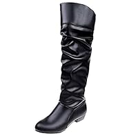 LYLIFE Women Knee High Boots Solid Flat Leather Slip-On Party Shoes(Black-7.5 M US)