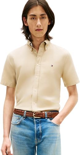 Uomo Camicia Linen Blend Solid Maniche Corte, Beige (Sandalwood), M