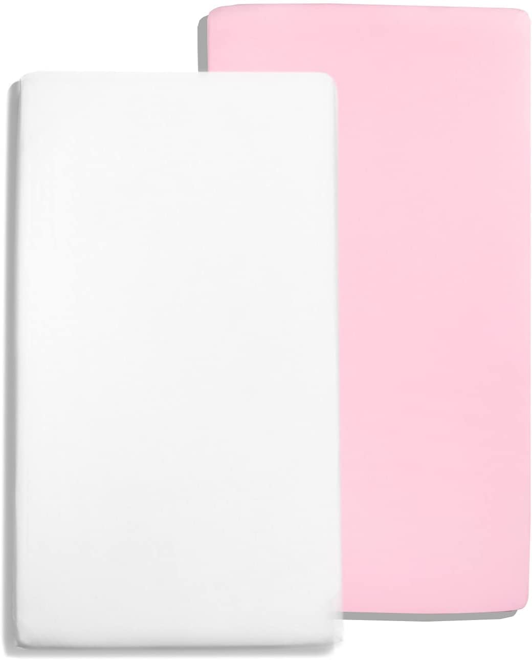 Dudu N Girlie Mini Cot Bed Sheets Fitted Cotton| Spacesaver Cot Fitted Sheets | Jersey Soft Bedsheet Hypoallergenic Elasticated Breathable Fitted Travel Cot Sheets (Pack of 2, White & Pink)