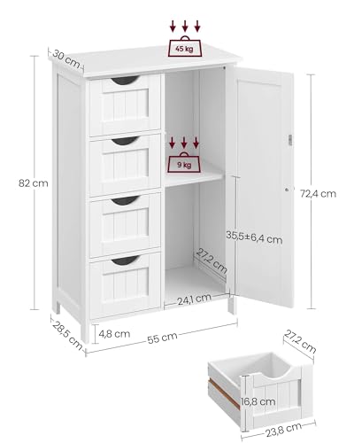 VASAGLE Bathroom Cabinet, Slim Bathroom Cabinet, Wooden Side Cabinet, Chest of 4 Drawers, Cupboard, Door, Adjustable Shelf, Living Room, Kitchen, Hallway, Deep, Freestanding | LHC41W Side Cabinet Chest of Drawers with Cupboard Door Adjustable Shelf 30 x 55 x 82 cm White