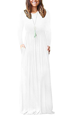 AUSELILY Women Long Sleeve Loose Plain Maxi Dresses Casual Long Dresses with Pockets (XL, White)