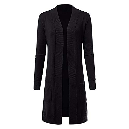 jiumoji Women Autumn Winter Knit Coat Blouse Long Sleeve Casual Kimono Pocket Casual Long Jacket Cardigan (-Black, M)