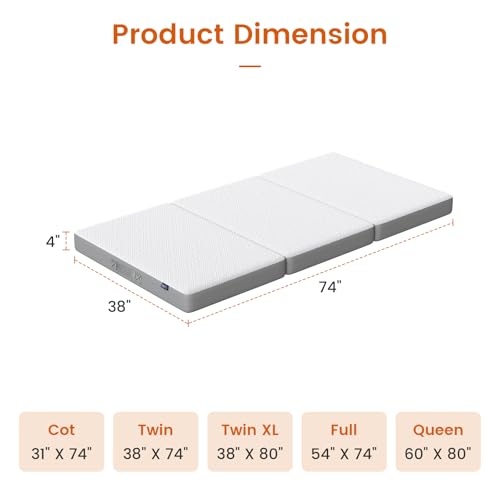 BedStory Foldable Mattress Twin Size, 4 Inch Folding Mattress with Carry Bag, Tri Fold Firm Foam Floor Mattresses with Washable Cover, Single Portable Trifold Mattresses for Sofa, RV, 38" x74"