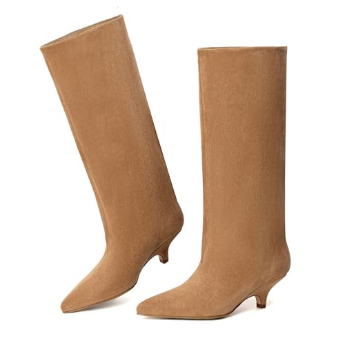 vivianly Knee High Boots for Women Pointed Toe Fold Over Black Boots Kitten Heel Comfortable for Dress & Daily Wear at Amazon