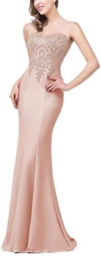 Women's Lace Applique Embroidered Long Mermaid Formal Prom Evening Dress Gold