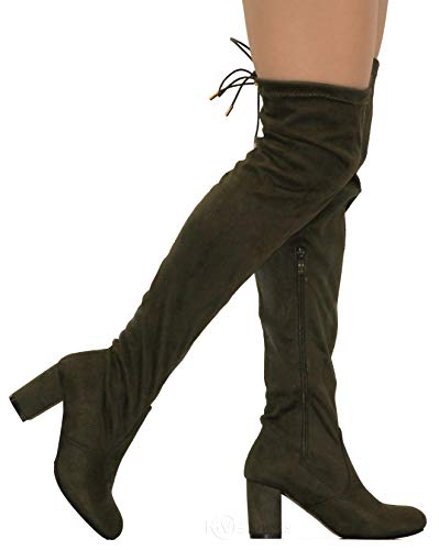 MVE Shoes Women s Thigh High Over The Knee Adjustable Fit - Suede Low Heel Boot, Bonita-02 Olive Suede 9