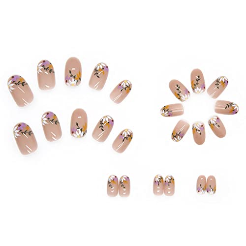 RikView French Tip Press on Nails Medium Acrylic Nails with Flowers Design Almond Fake Nails Nude Nails for Women - Image 3