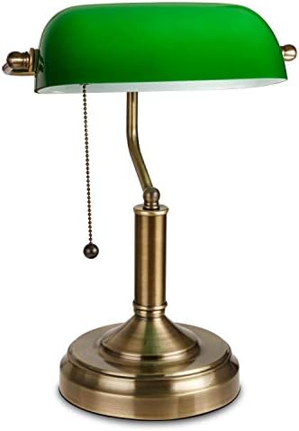 Alton Traditional Banker’s Lamp, Antique Style Emerald Green Glass Desk Light Fixture, Satin Brass Finish, Metal Beaded Pull Cord Switch Attached