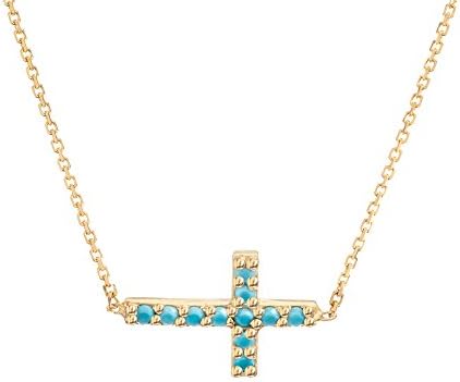 14K Yellow Gold Turquoise Sideways Cross Pendant Adjustable Necklace 16"-18"