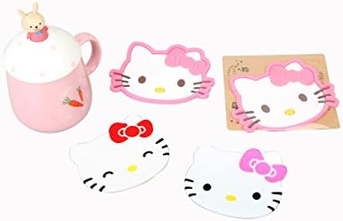 Set of 4 - Super Cute Kawaii Silicone Cartoon Cup Coasters Mats 5-inch (Assorted) (Hello Kitty)