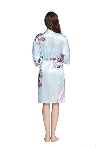 Amzchoice Women's Short Sleeve Kimono Robe Peacock & Blossoms For Spa, Wedding Bridal and Bridesmaid (S, SkyBlue) - Thumbnail 3