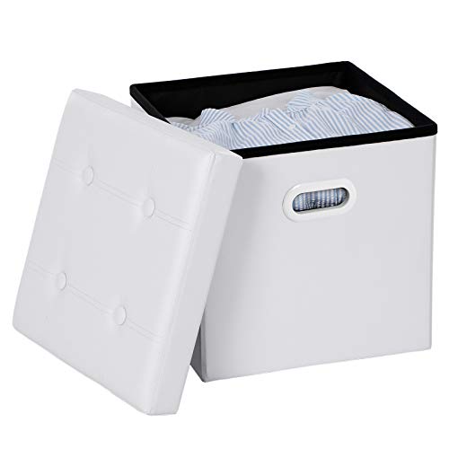 SONGMICS Faux Leather Folding Storage Ottoman Cube Foot Rest Stool Seat W' Hole Handle 15" x 15" x 15" White ULSF30W