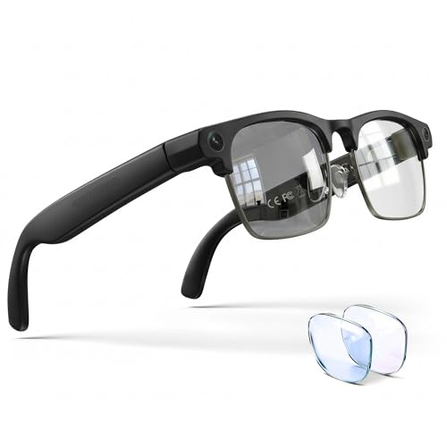AI Smart Glasses with Camera, 8MP Camera Glasses for Life Vlog Travel Work, 4K Video Recording Glasses for Women Men, Real-Time Translation, Voice Assistant, Calls, Bonus Blue Light Lenses Included