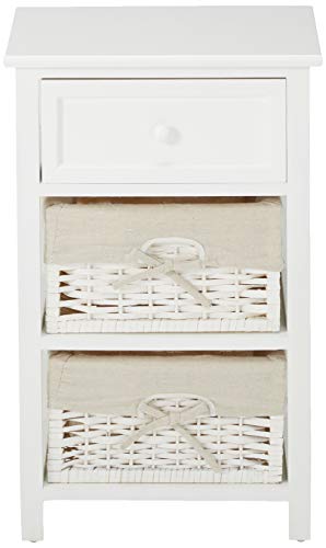 JAXPETY White Night Stand 3 Tiers 1 Drawer Bedside End Table Organizer Wood W/2 Baskets (White)