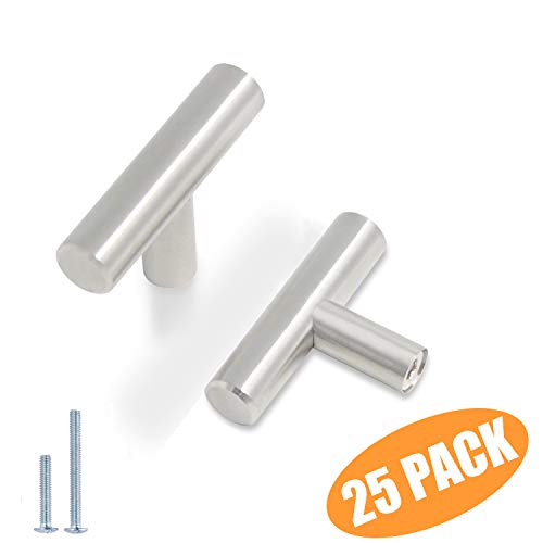Probrico (25 Pack) Euro Style T Bar Single Hole Brushed Nickel Cabinet Knobs Stainless Steel Kitchen Cabinet Pulls Dresser Knobs 2 Inch Total Length