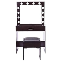 Rodam - American Warehouse - Vanity Set with 12 Light Bulbs and Touch Switch, Dressing Makeup Table Desk with Large Mirror, 1 Sliding Drawers, 1 Cushioned Stool for Bedroom, Bathroom Easy Assembly