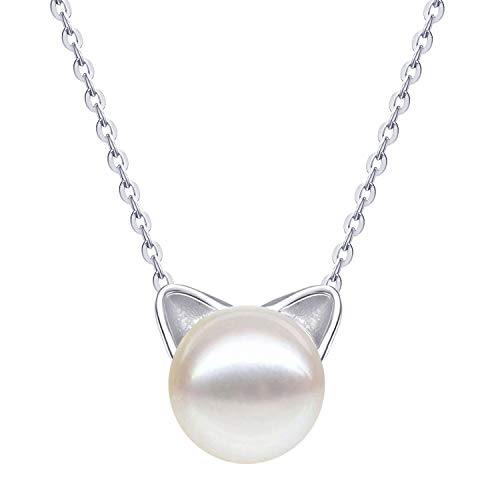 S.Leaf Cat Pearl Necklaces For Women Sterling Silver Cat Lovers Lady Gifts Pearl Opal Jewelry Pendant Collarbone Charm Necklace Best Friend Birthday Gifts for Women Trendy Sister Mom Wife Womens Her Friend Party