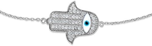 925 Solid Sterling Silver Cubic Zirconia Evil Eye Hamsa Hand of God Bracelet with Adjustable Length 6"- 8".