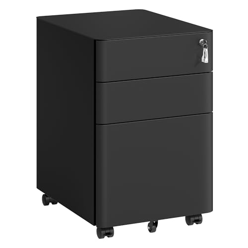 SONGMICS Vormontierter Rollcontainer mit 3 Schubladen, abschließbarer Aktenschrank aus Metall fürs Büro, 50 x 39 x 59 cm, Mattschwarz, Berend Kollekti