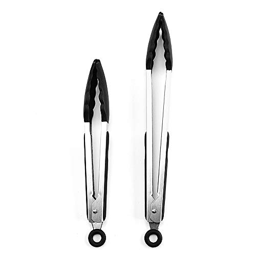 DRAGONN Premium Set of 12-inch and 9-inch Stainless-Steel Locking Kitchen Tongs, Set of 2 - Sturdy, Heavy Duty Tong Set - Great for Cooking, Grilling, and Barbecue (BBQ) (Black)