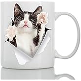 Winston & Bear Reaching Tuxedo Cat Coffee Mug - Funny Ceramic Black White Coffee Mug Gift for Cat Lovers - Cute Novelty Cup for Men and Women (11oz)