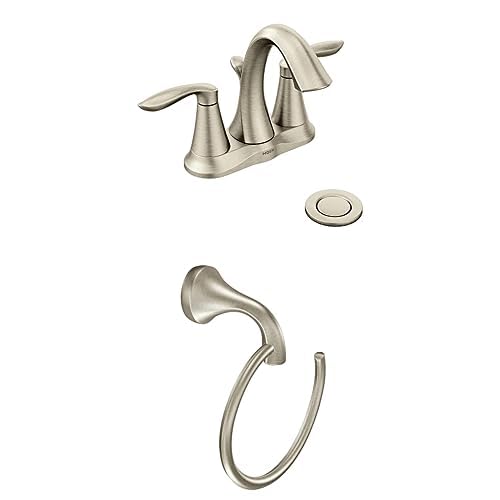 Moen Eva Brushed Nickel Two-Handle 4-Inch Centerset Bathroom Faucet with Drain Assembly, for 3-Hole Sink, 6410BN + Bathroom Single Post Hand-Towel Ring, YB2886BN Image Moen Eva Brushed Nickel Two-Handle 4-Inch Centerset Bathroom Faucet with Drain Assembly, for 3-Hole Sink, 6410BN + Bathroom Single Post Hand-Towel Ring, YB2886BN Image
