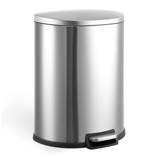 Garvee 50 Liter Stainless Steel Kitchen Trash Can with Step Pedal & Soft Close Lid, Fingerprint-Proof Oval Garbage Bin with Removable Inner Bucket for Home Kitchen Office