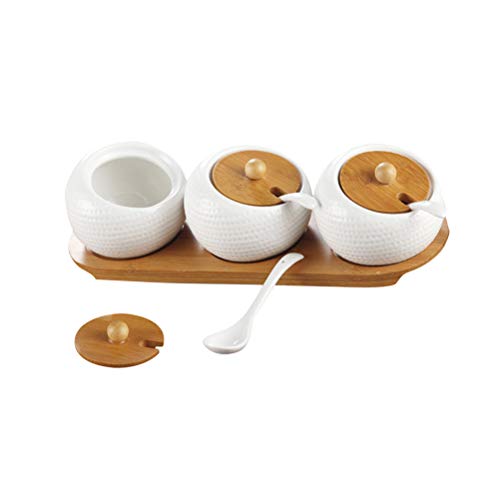 Ceramic Spice Jars Set Porcelain Condiment Container with Bamboo Lids and Wooden Tray for Home Kitchen - Thumbnail 2