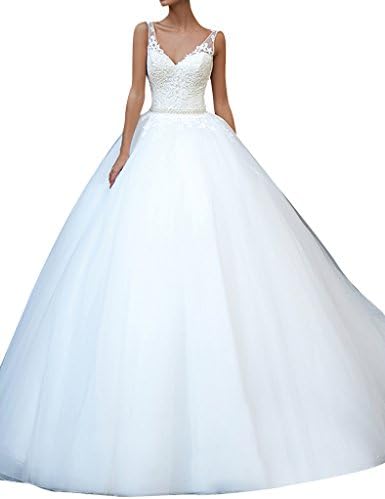 ELLAGOWNS Deep V neck Ball Gown Lace Wedding Bridal Dress with Pearl Waist White US 2