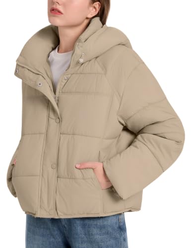 Gihuo Womens Quilted Puffer Jacket Winter Warm Hooded Bubble Coats Padded Jacket Long Sleeve Coat(Khaki-M) at Amazon