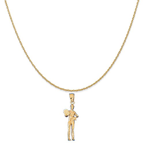 14k Yellow Gold 3-D Tennis Player Pendant on a 14K Yellow Gold Carded Rope Chain Necklace, 18"