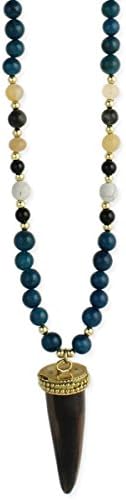 Natural Stone Bead Horn Pendant Necklace - Boho Tribal