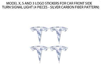 Tesla Model S X Y 3 Car Front Side Turn Signal Cover Indicator Camera T-Logo Vinyl Decal Stickers Exterior Decoration [ 4 Pieces - Silver Carbon Fiber Pattern ]