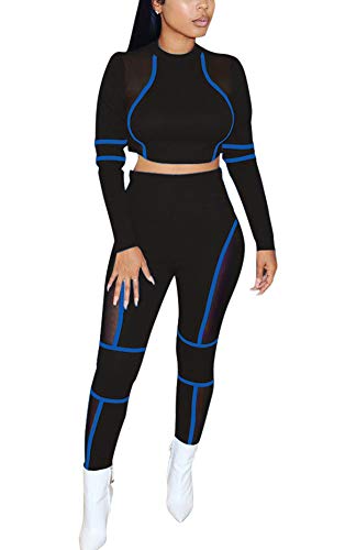 Women Two Piece Outfits - Long Sleeve Sheer Mesh Crop Top Skinny Pants Matching Set Jumpsuit Blue S