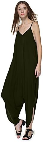 HelloPretty Women's Jumpsuit Bib Loose Pants Overalls V-neck Oversize (US10, Olive)