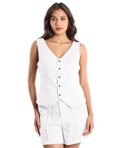 EELOTILE Women's 100% Linen Vest Summer Cropped Waistcoat Vest at Amazon