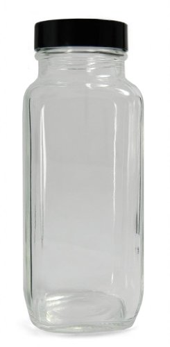 Qorpak GLC-01341 Clear Glass French Square Bottle with 43-400 Black Phenolic 14B White Rubber Lined Cap, 51mm OD x 137mm Height, 8oz Capacity (Case of 24)