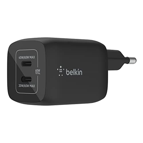 Belkin 65-W-USB-C-Ladegerät mit 2 Ports, Schnellladen mit Power Delivery 3.0 und GaN-Technologie für MacBook Pro, iPhone 17, iPhone Air, iPad, Galaxy
