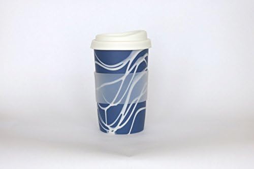 A pair of blue with white swirls handmade to-go/travel cups for home, car or coffee shop use. Silicone lid and cuff, porcelain body. dishwasher proof. 12-14 oz.(2 cups)