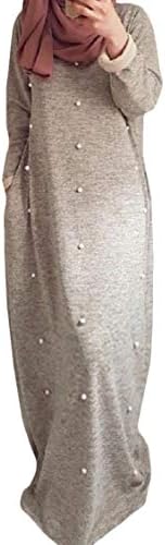 Sweatwater Women's Pearls Abaya Muslim Long Sleeve Maxi Plain Dubai Dresses