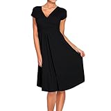 Sue&Joe Women's Fit and Flare Dress V-neck Ruched Flowy Pleated Cap Sleeve Dress, Black, Tagsize2XL=USsize14