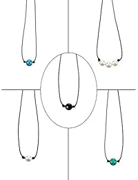 Blulu - Gargantilla de una sola perla con 3 cuentas y collar de una sola piedra preciosa y turquesa y collar azul turquesa con cordón de cuero para mujeres y niñas, 4 piezas, NA, Blulu-Bead Necklace -01