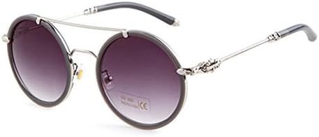 Guoxuan Women's Double Flat Top Bridge Round Metal Sunglasses Grey sliver