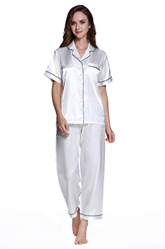 Sunrise Women's Short Sleeve Classtic Satin Pajama Set (X-Large, White with Black Piping)