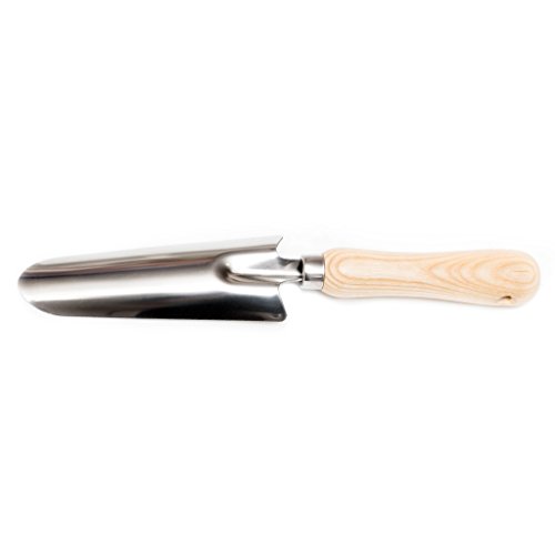Cate's Garden Garden Transplanter Trowel Premium Transplanter Tool for Digging and Planting - Heavy Duty Stainless Steel, Smooth Vintage Style Natural Ash Wood Handle and Leather Strap