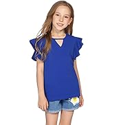 Greatchy Girls Shirts Short Sleeve Tee Ruffle Solid Summer Keyhole Neck Cotton Blouse Tops