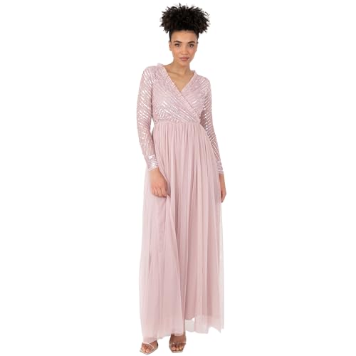 Maya Deluxe Women's Maxi Dress Ladies Embellished Wrap Tulle Frilly V-Neck Long Sleeve for Wedding Guest Bridesmaid Prom Ball Gown Robe, Frosted Pink, 40 Femme
